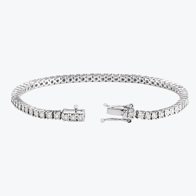 Bracelets product category showing diamond tennis bracelet with a hidden box clasp and safety clasp in white gold.